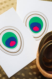 TRICOLORED SIGNATURE "EYE ADORE"™ PEACOCK // SINGLE CARD-STATIONERY-K A M A L