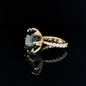 GIA Certified 18.78 Carat Sapphire Blue Green Diamond Double Bloom "LOTUS" Ring YG 18K